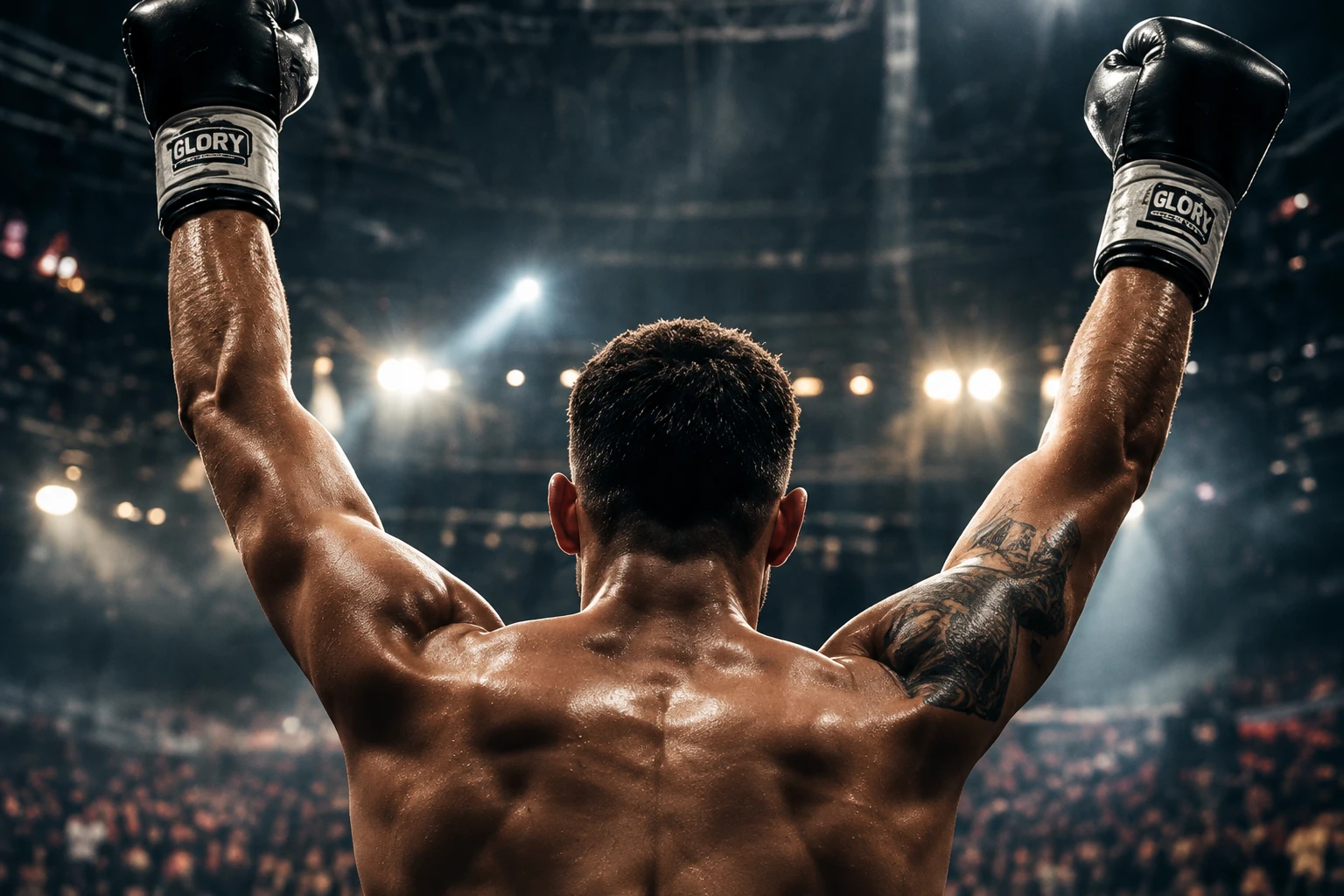 House of Legends-atleet viert de overwinning met opgeheven armen voor het GLORY-doek in een volle arena